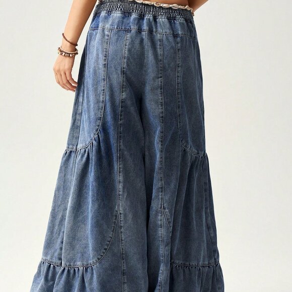 blue Casual Women's Patchwork Loose Wide Leg Jeans - Picture 4 of 8